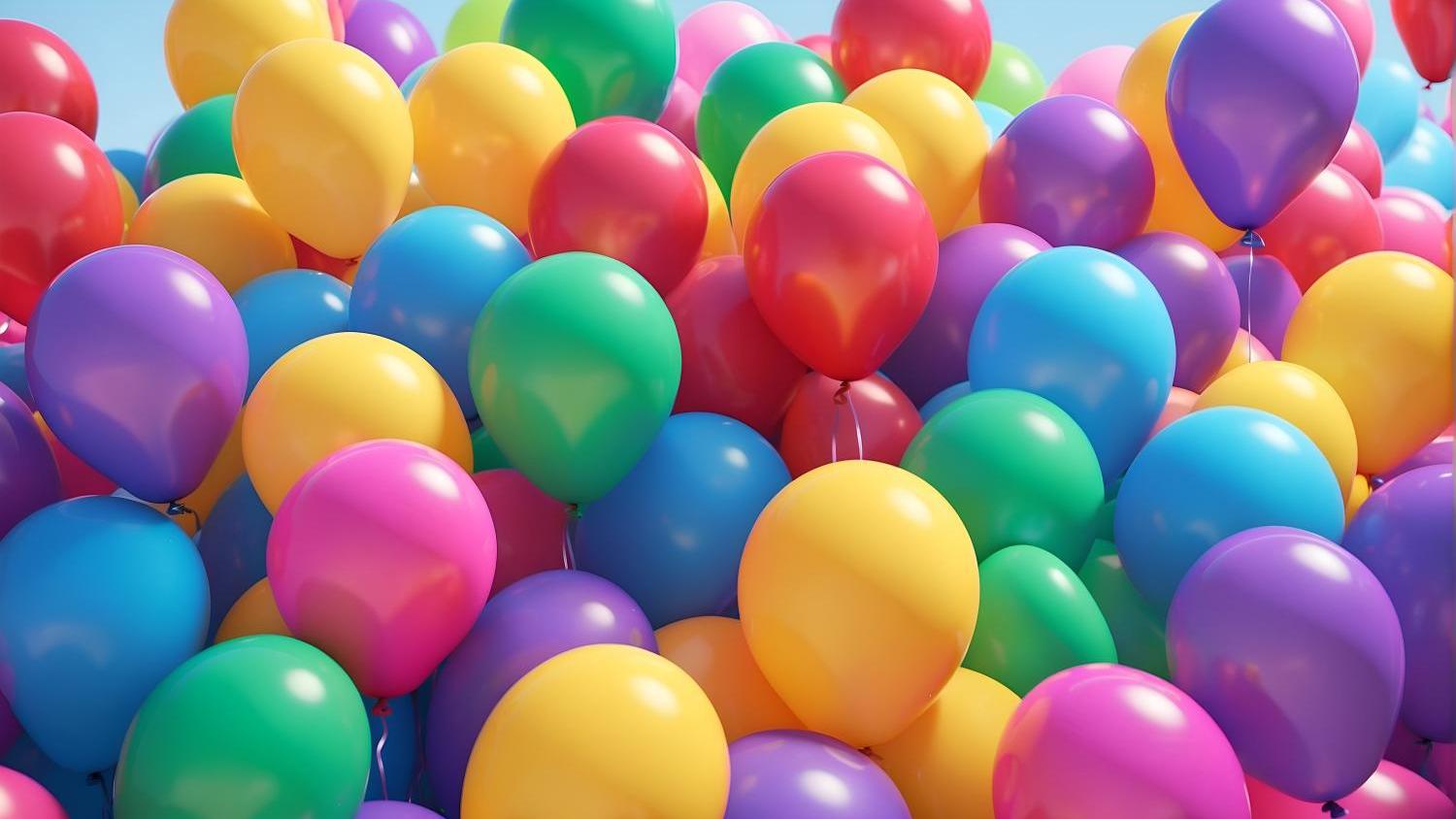 Viele bunte Luftballons dicht aneinander, sonniger Himmel im Hintergrund.